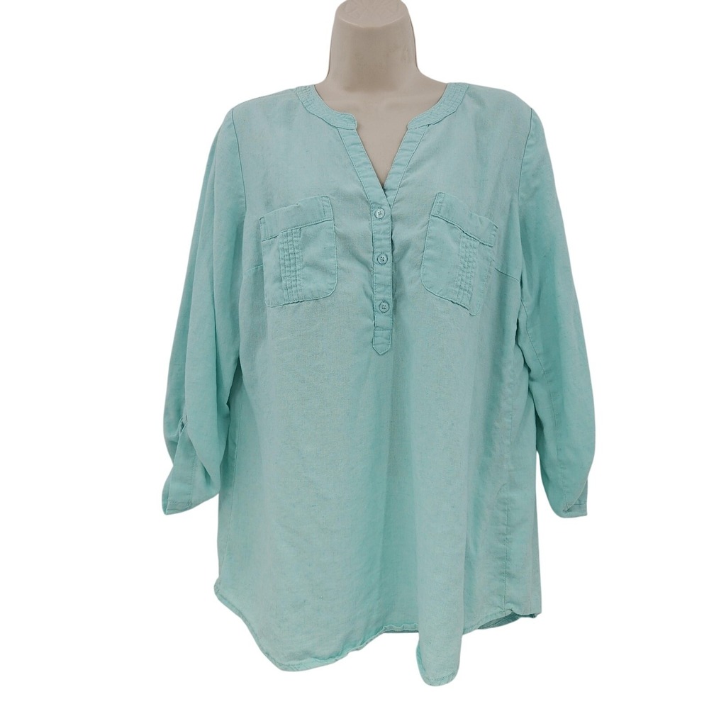 Emily Daniels Shirt Womens L Blue Linen Rayon Lagenlook Tunic Top Pockets Preppy